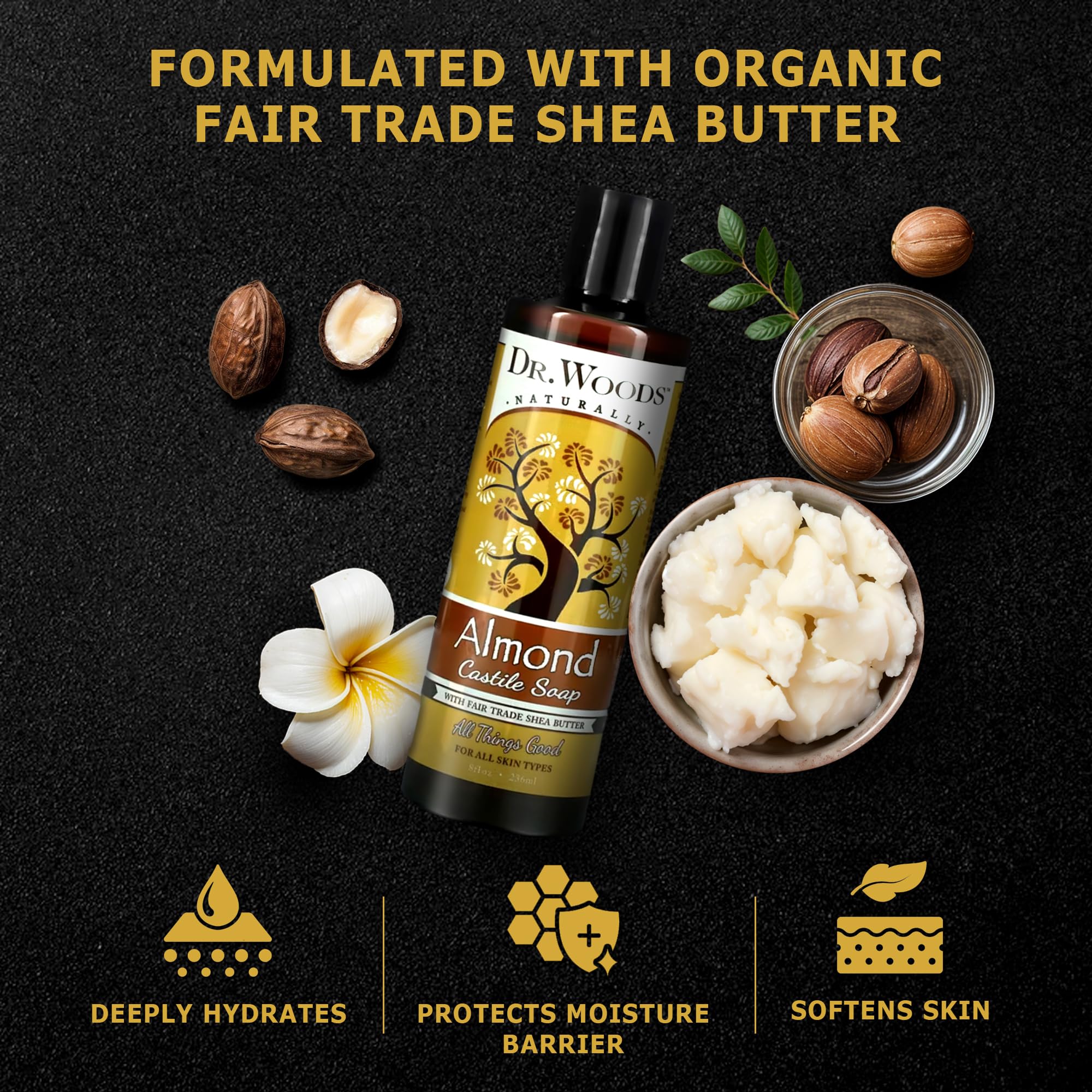 Dr. Woods Almond Castile Soap ingredients highlight organic oils and shea