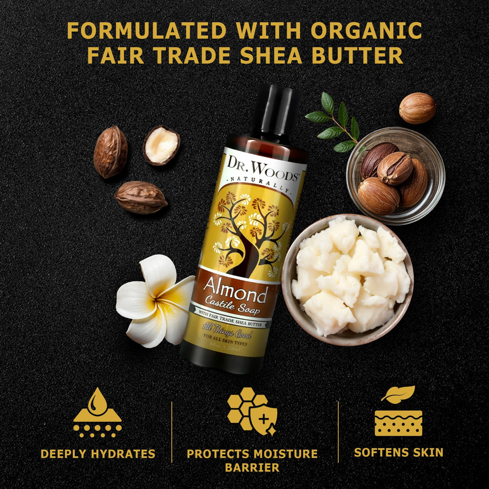 Dr. Woods Almond Castile Soap ingredients highlight organic oils and shea