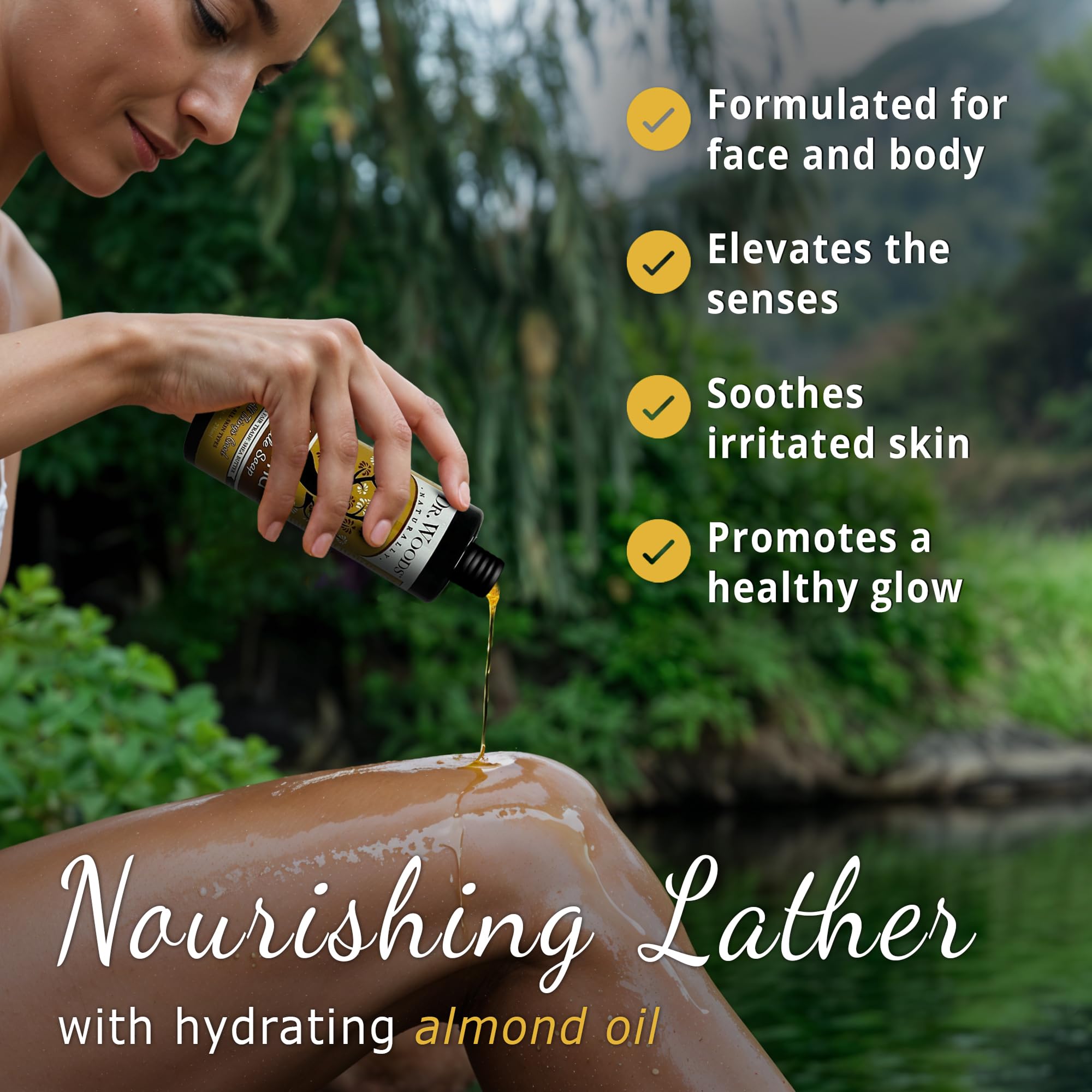Dr. Woods Almond Castile Soap liquid pour demonstrates easy dilution for dishes