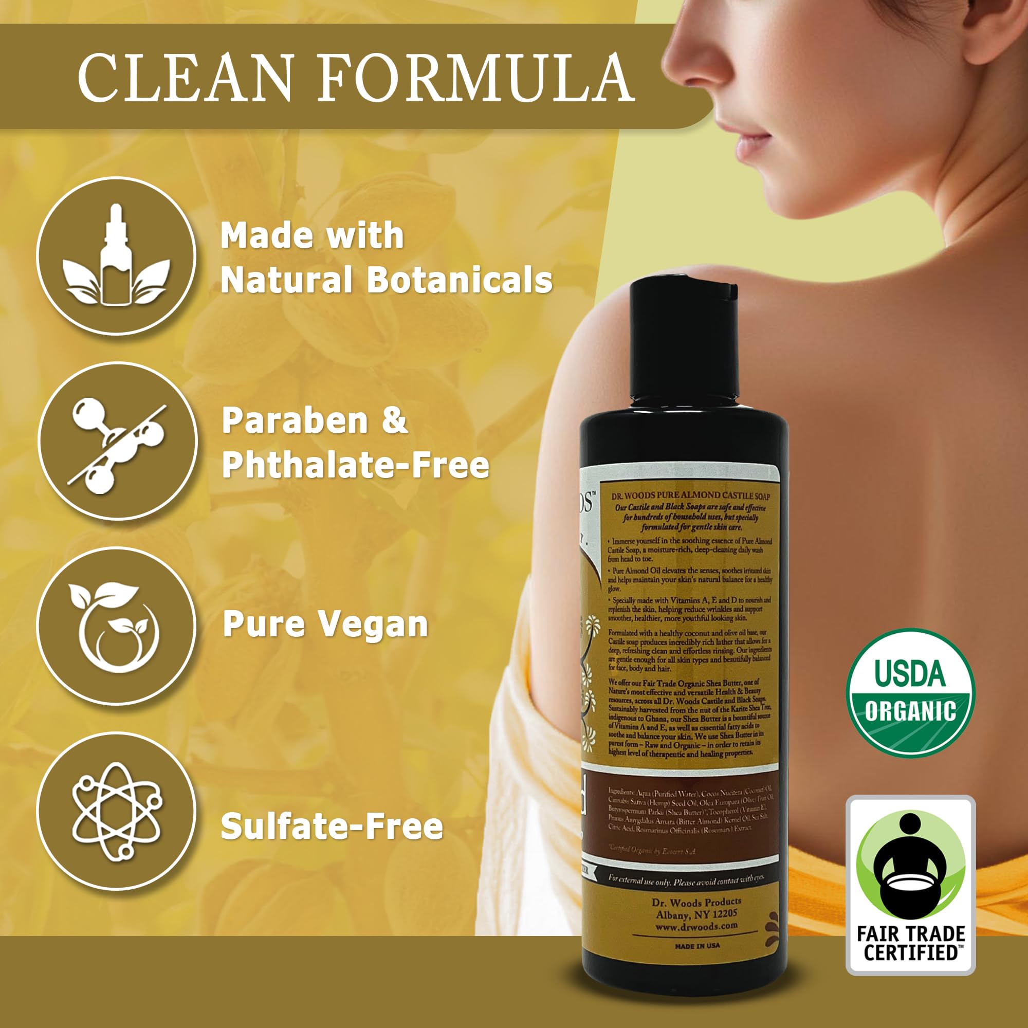 Dr. Woods Almond Castile Soap with shea butter emphasizes moisturizing care