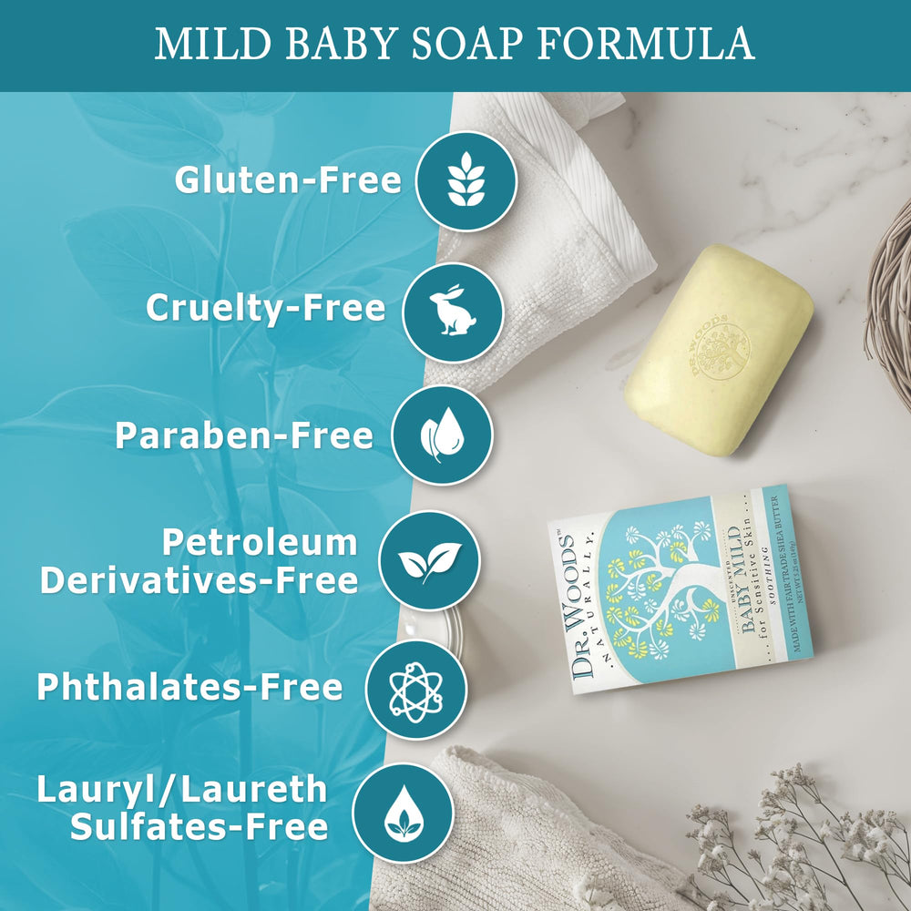 Soap shown for use on face, body, and hair for sensitive skin