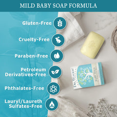 Soap shown for use on face, body, and hair for sensitive skin
