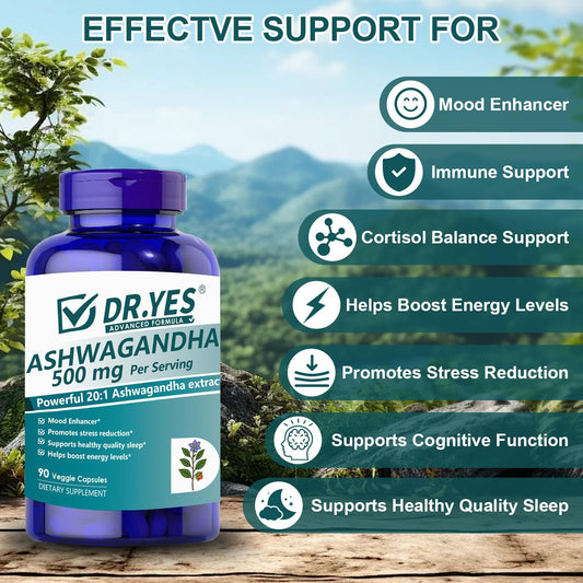 Close-up of DR.YES Ashwagandha Capsules bottle