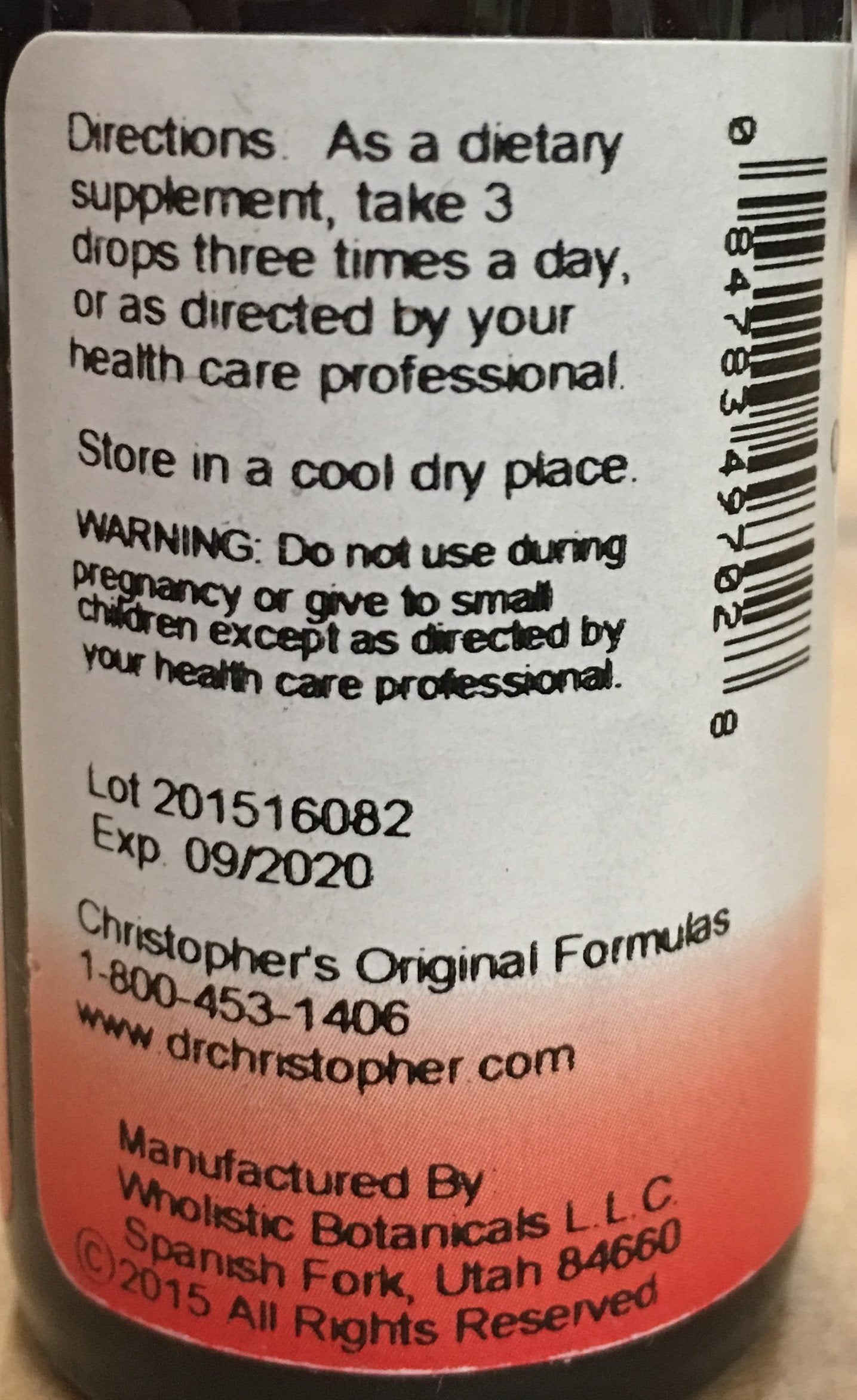 Close-up of Dr Christopher's Lobelia Alcohol Extract bottle label