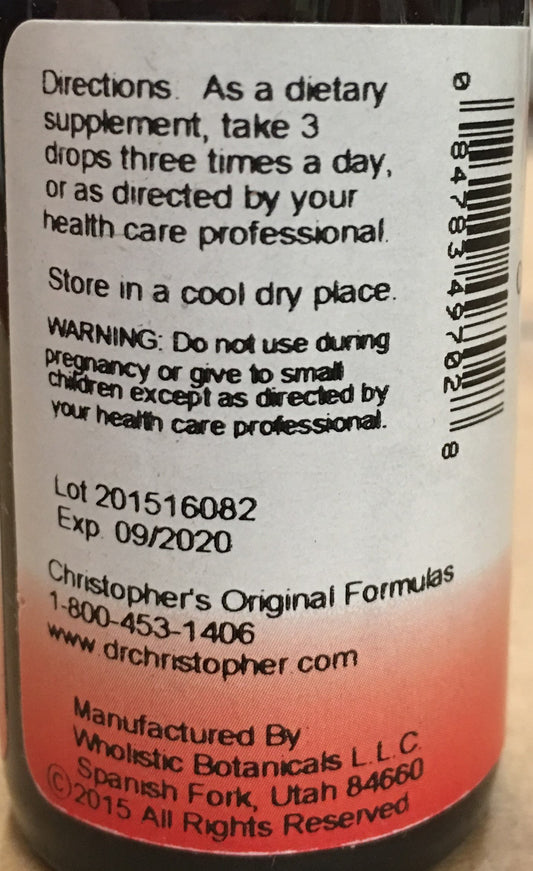 Close-up of Dr Christopher's Lobelia Alcohol Extract bottle label