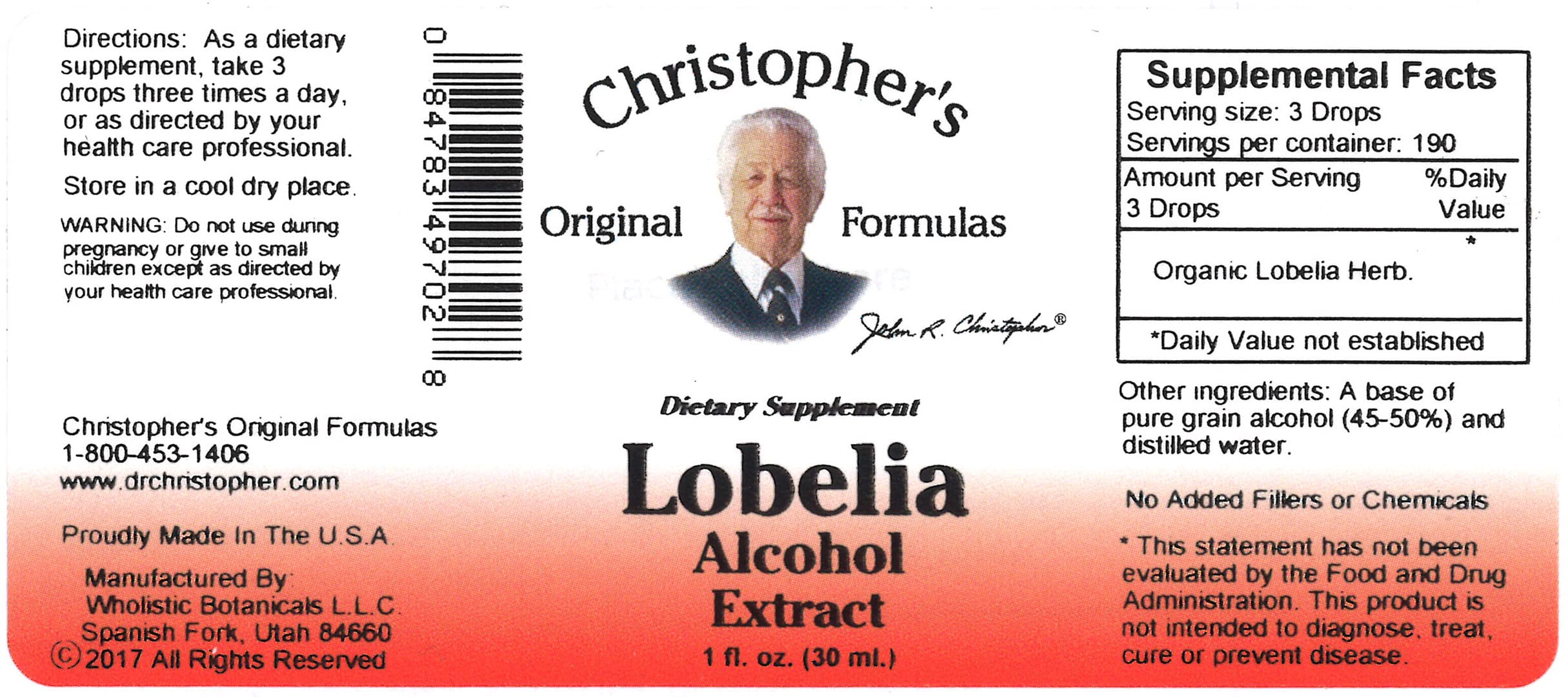 Dr Christopher's Lobelia Alcohol Extract bottle - side view