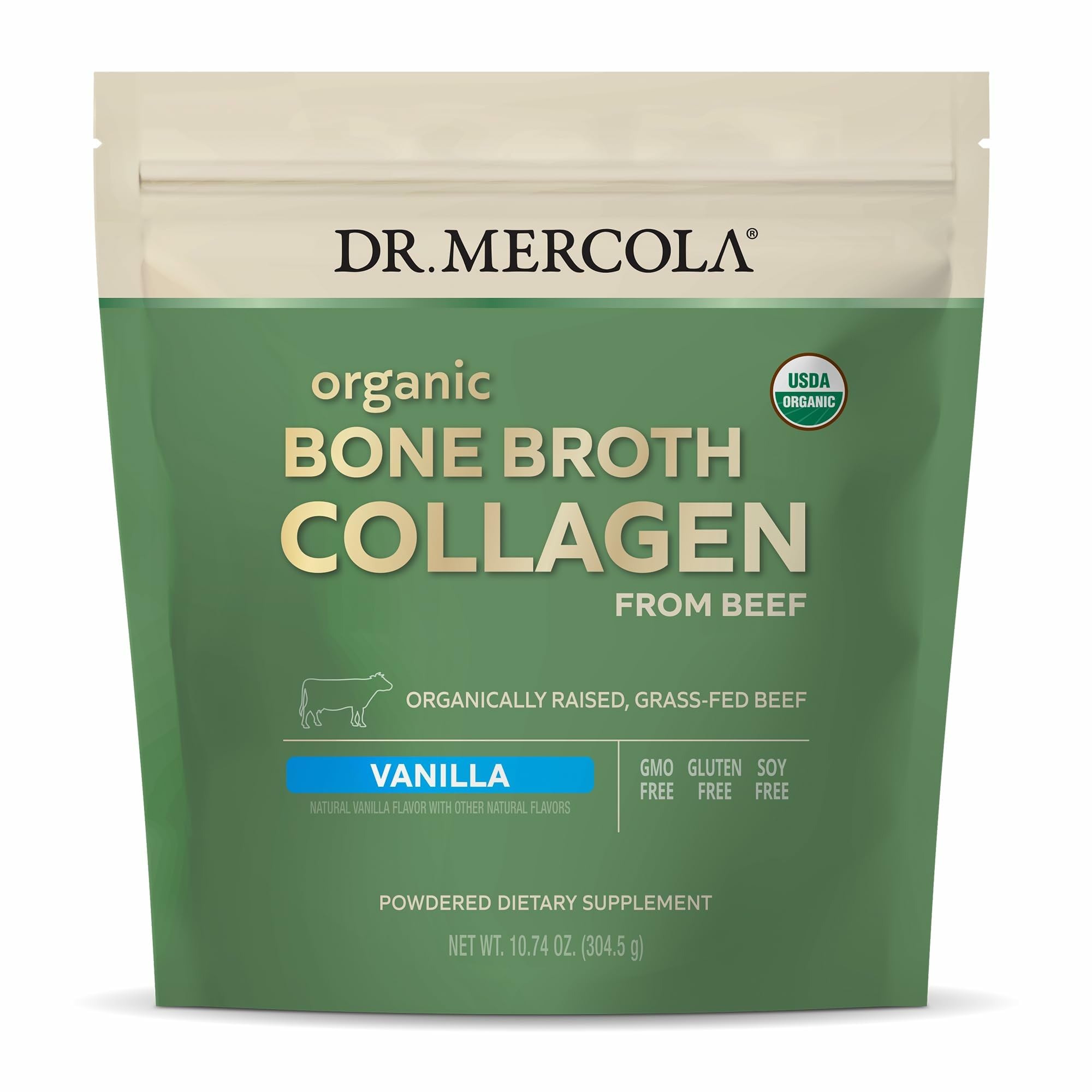 Front view of Dr. Mercola Organic Bone Broth Collagen Powder with vanilla flavor
