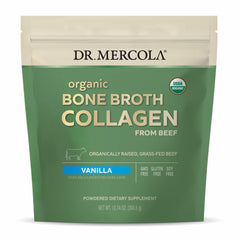 Front view of Dr. Mercola Organic Bone Broth Collagen Powder with vanilla flavor