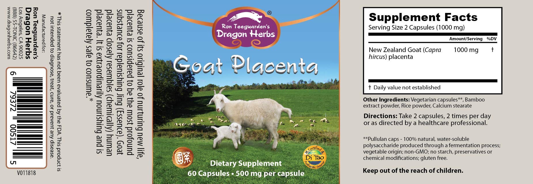 Goat Placenta Capsules bottle label detailing ingredients and dosage