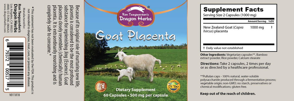 Goat Placenta Capsules bottle label detailing ingredients and dosage