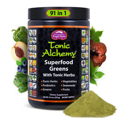 Dragon Herbs Tonic Alchemy powder in a tin for daily greens boost and balanced energy