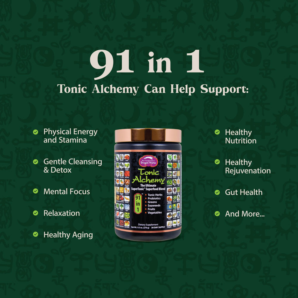 Dragon Herbs Tonic Alchemy smoothie showing vibrant green blend for wellness support