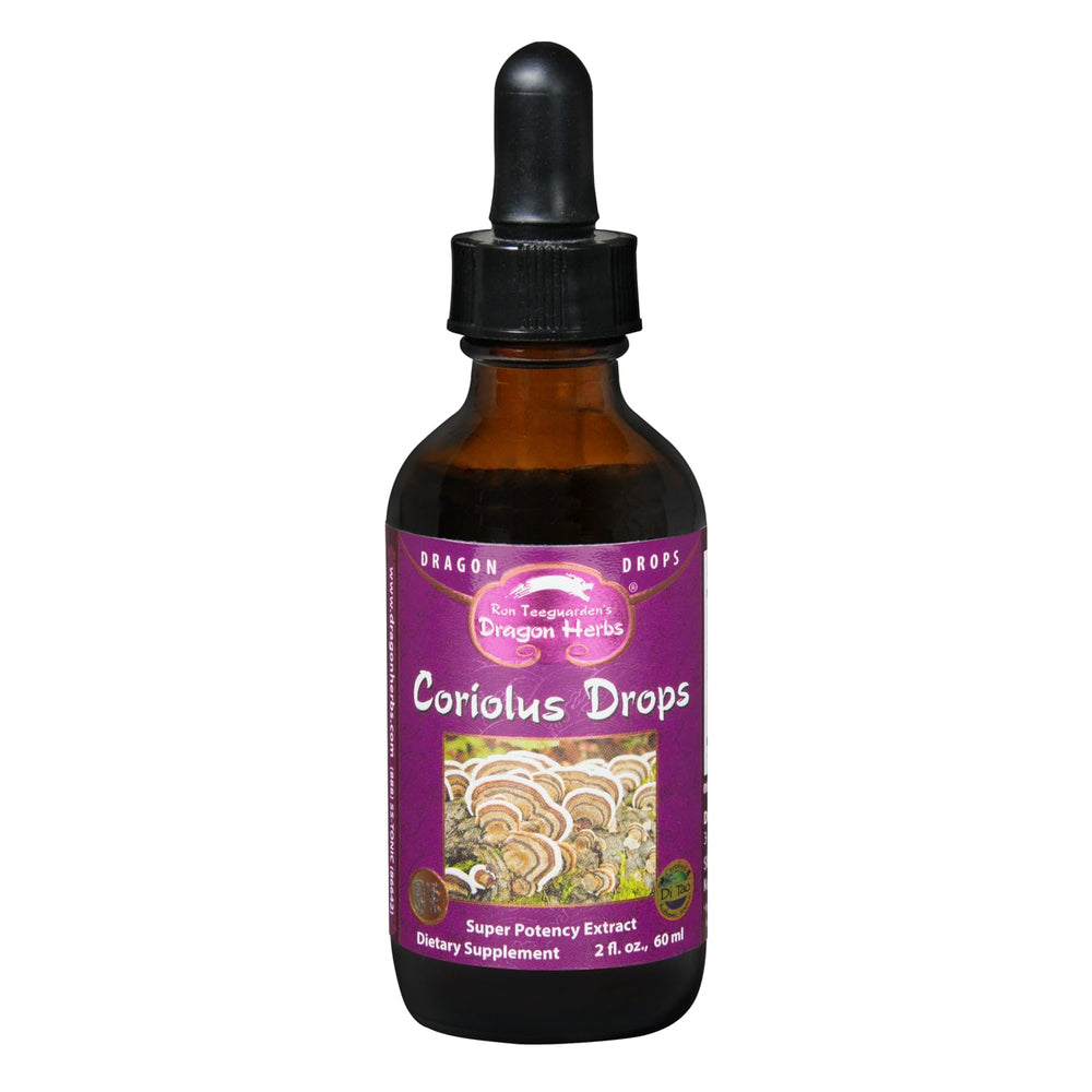 Dragon Herbs Turkey Tail Coriolus Wild Drops bottle and dropper