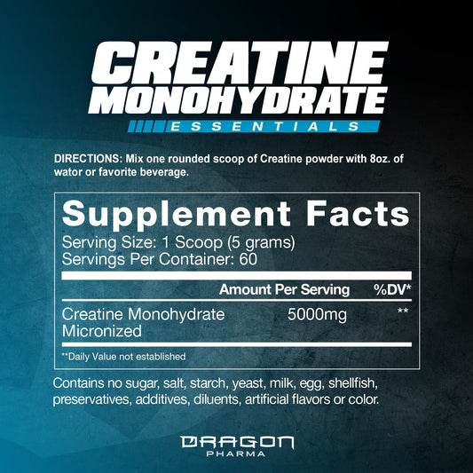 Container labeled Dragon Pharma Creatine Monohydrate – 60 Servings Unflavored