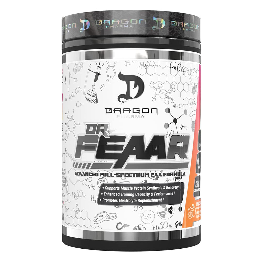 Front view of Dragon Pharma Dr. FEAAR Advanced Full-Spectrum EAA Matrix Peach Guava bottle