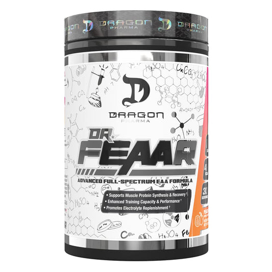 Front view of Dragon Pharma Dr. FEAAR Advanced Full-Spectrum EAA Matrix Peach Guava bottle