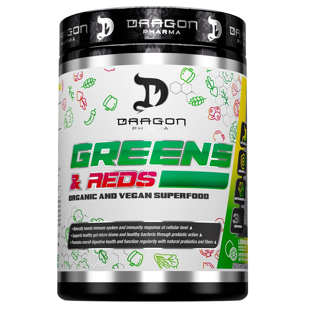 Dragon Pharma Greens & Reds powder in a jar showing vibrant green and red blend