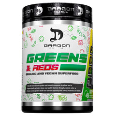 Dragon Pharma Greens & Reds powder in a jar showing vibrant green and red blend