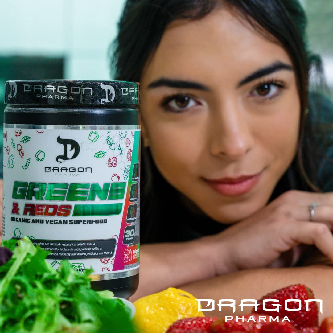 Scoop of Dragon Pharma Greens & Reds with glass of lemonade