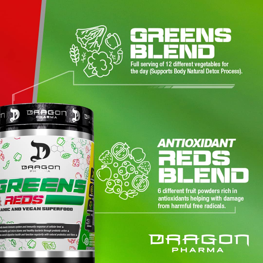 Healthy greens and reds ingredients laid out for Dragon Pharma supplement