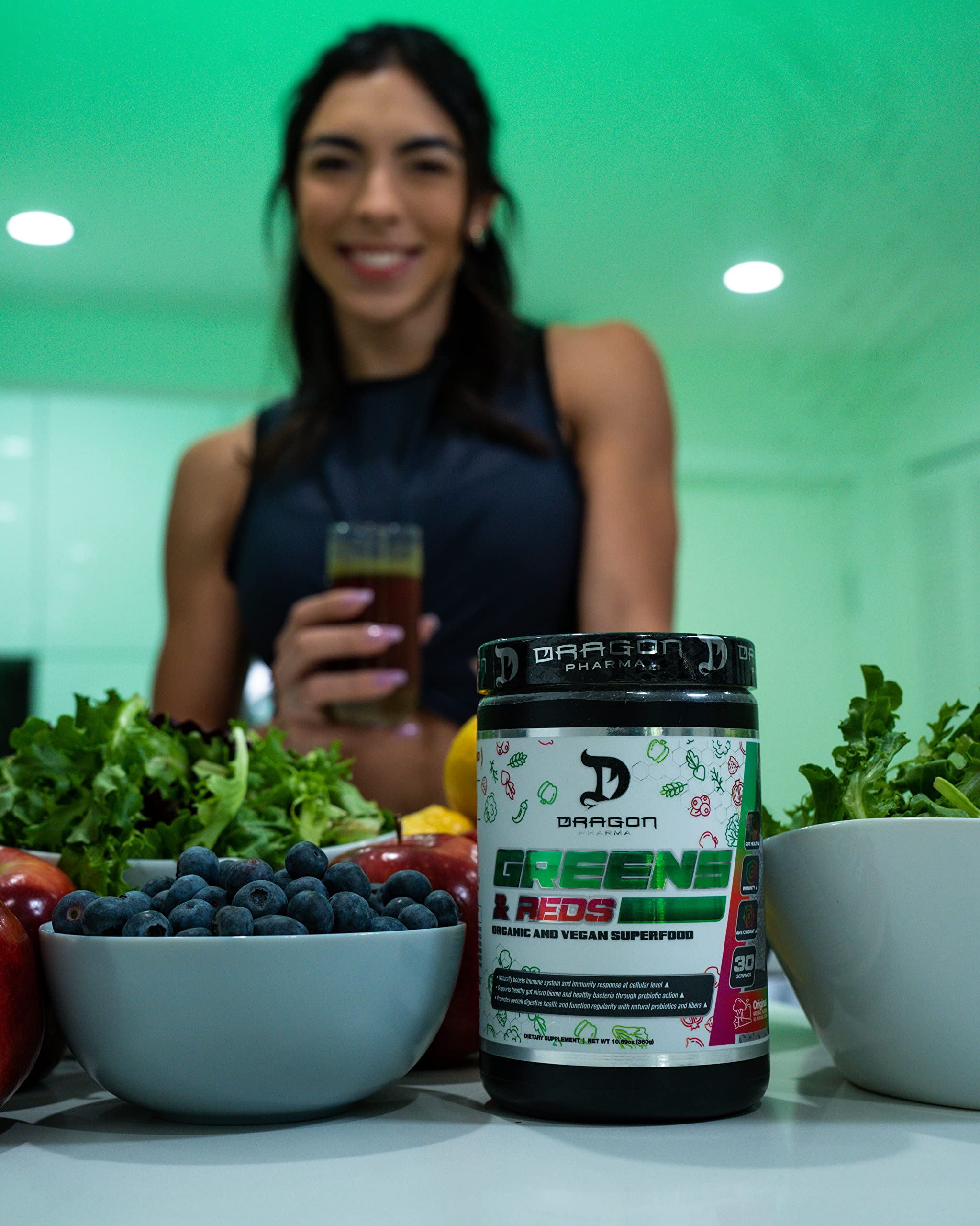 Front view of Dragon Pharma Greens & Reds packaging