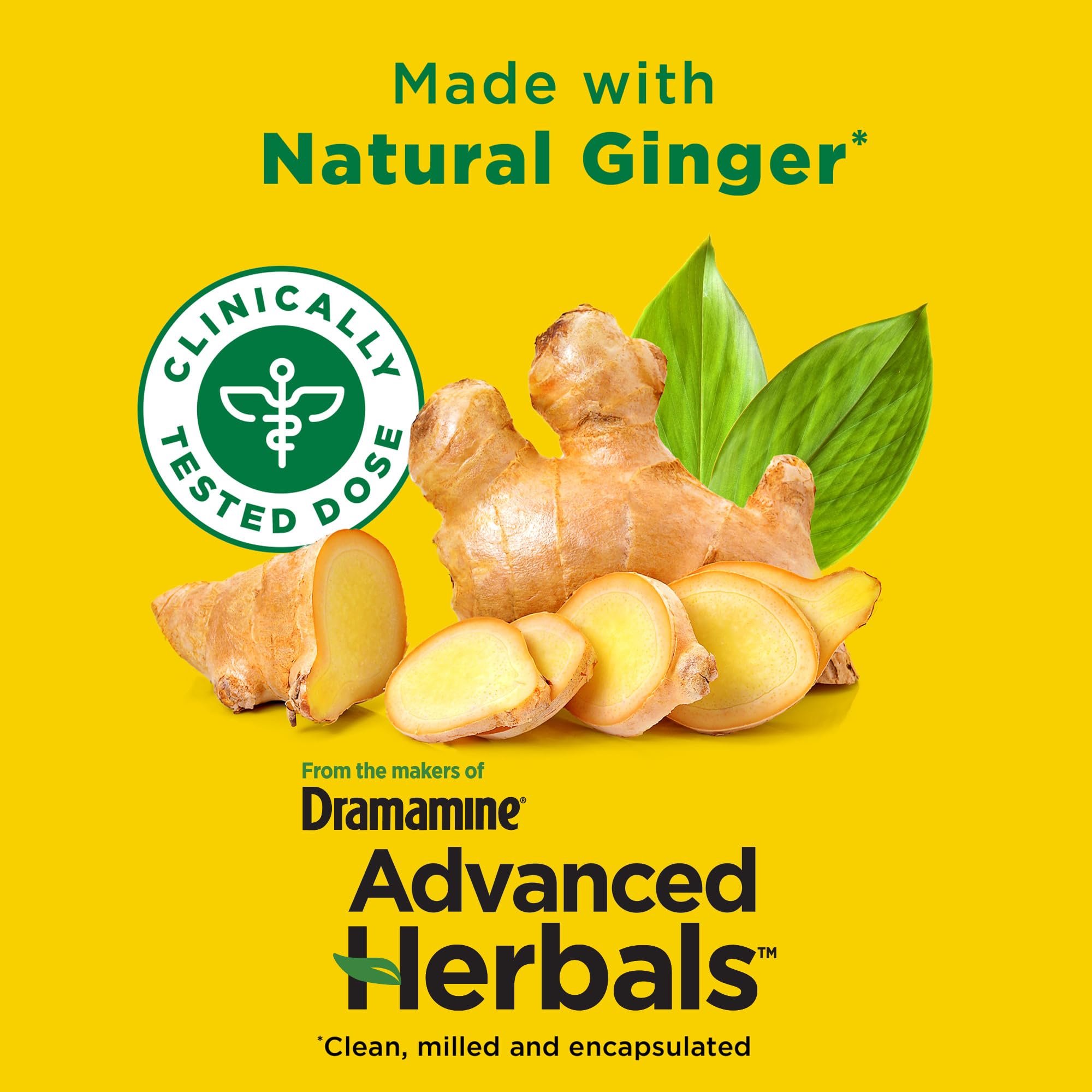 Dramamine Advanced Herbals capsules dispensing image conveys easy dosing and non-drowsy relief.