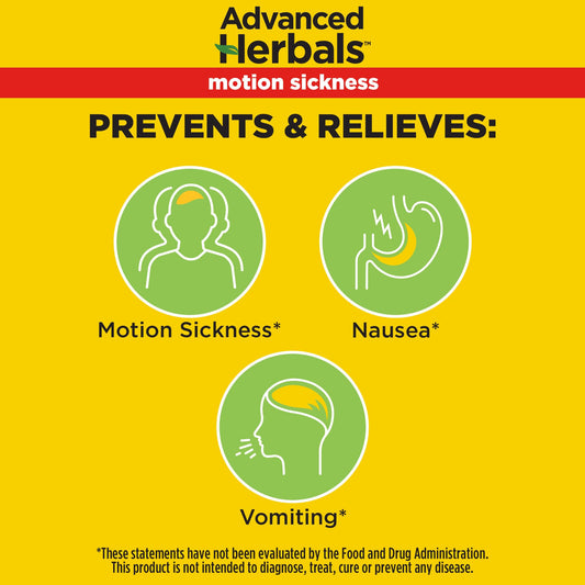 Dramamine Advanced Herbals ginger capsules closeup highlight natural ginger for nausea prevention.