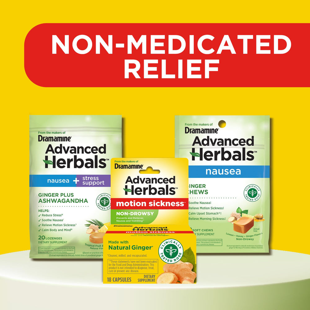 Dramamine Advanced Herbals ginger root visual emphasizes natural ingredient used for motion sickness support.