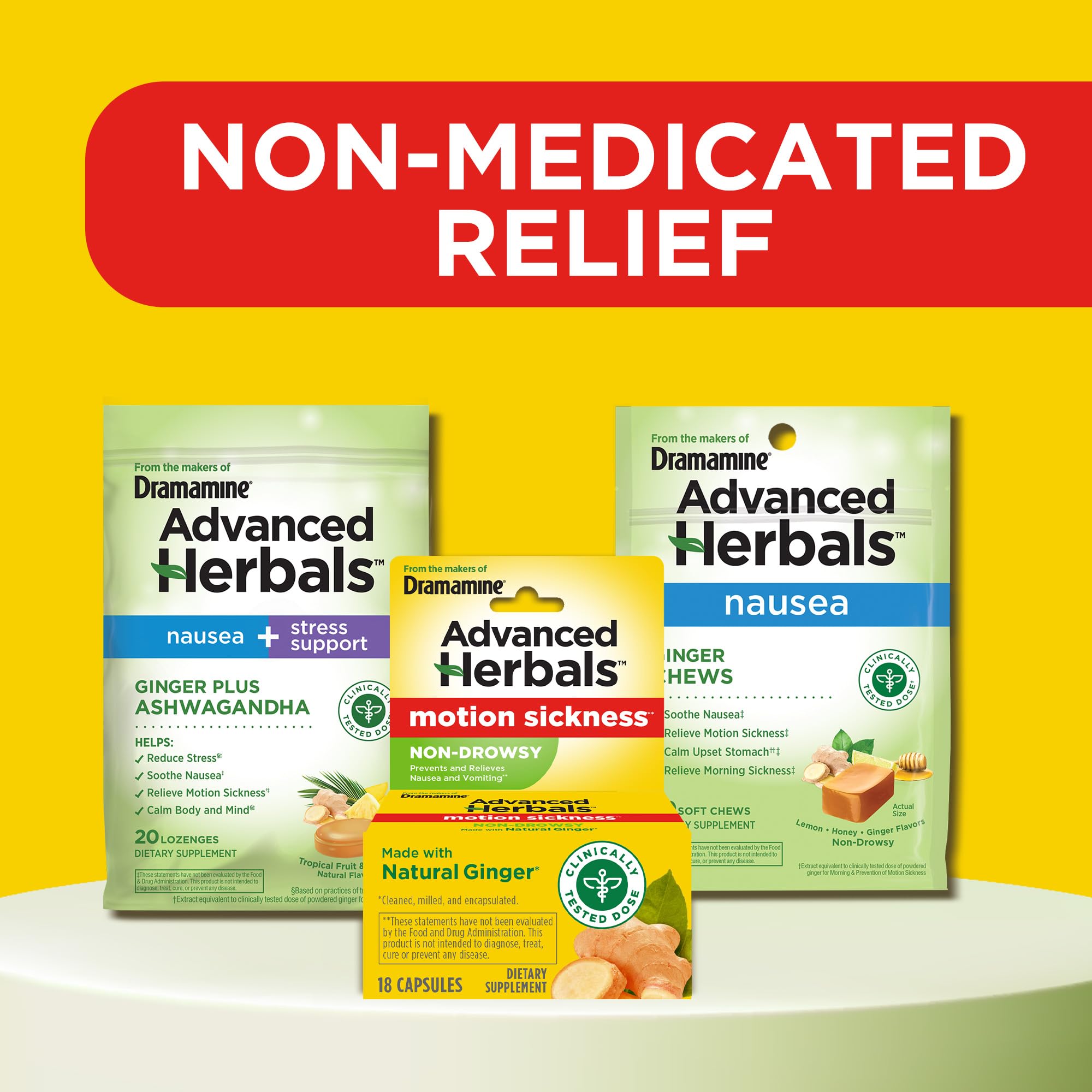Dramamine Advanced Herbals ginger root visual emphasizes natural ingredient used for motion sickness support.