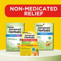 Dramamine Advanced Herbals ginger root visual emphasizes natural ingredient used for motion sickness support.