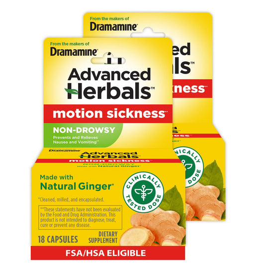 Dramamine Advanced Herbals Non-Drowsy motion sickness capsules bottle for travel relief.