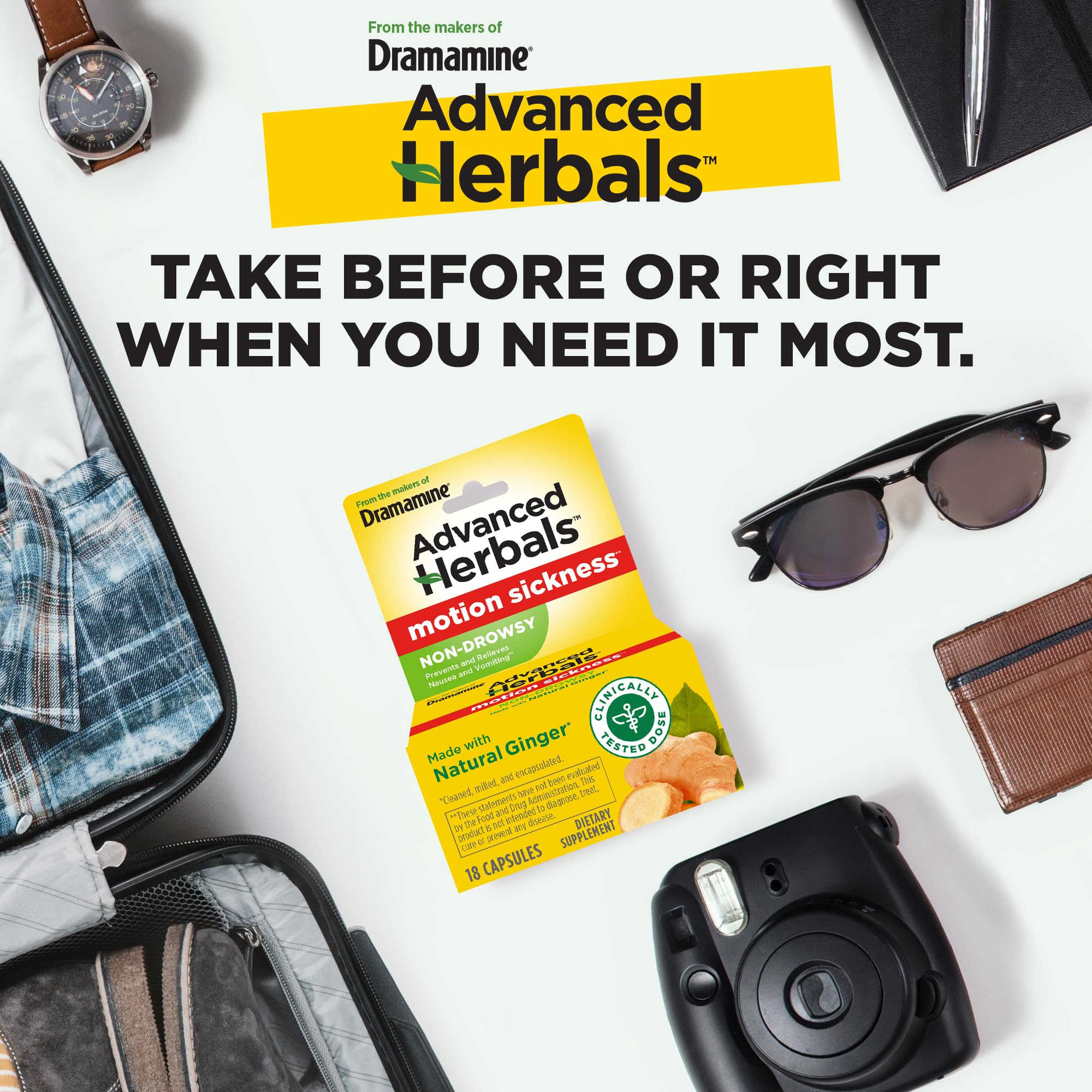 Dramamine Advanced Herbals non-drowsy outer packaging showcase travel-friendly packaging for on-the-go relief.