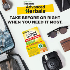 Dramamine Advanced Herbals non-drowsy outer packaging showcase travel-friendly packaging for on-the-go relief.