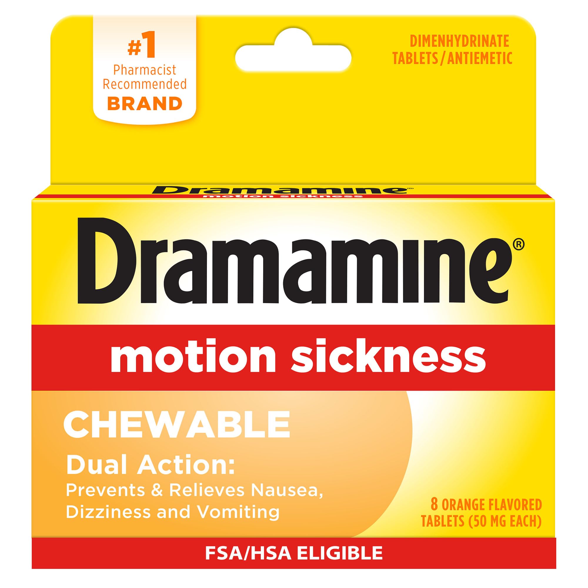 Dramamine chewable orange bottle for fast motion sickness relief on the go.