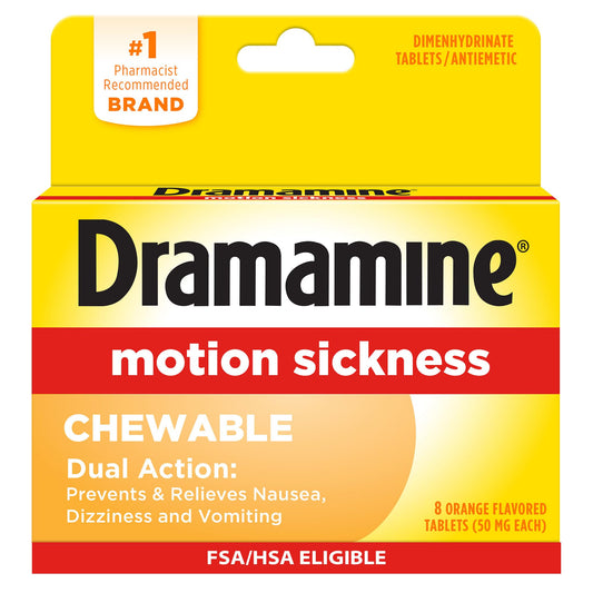 Dramamine chewable orange bottle for fast motion sickness relief on the go.