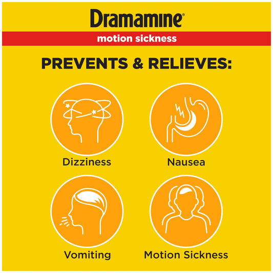 Dramamine orange chewable tablets close-up ready to chew for relief.