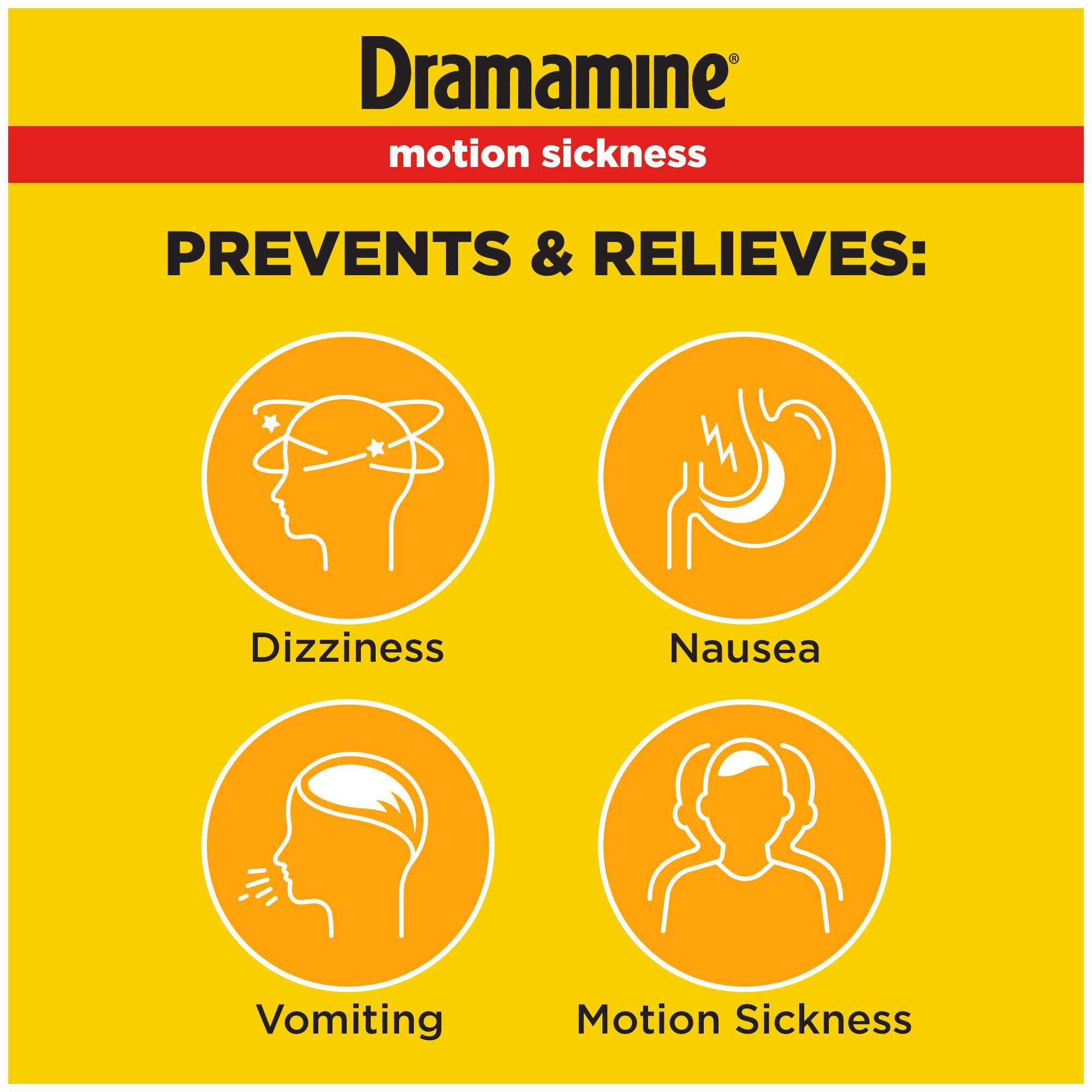 Dramamine orange chewable tablets close-up ready to chew for relief.