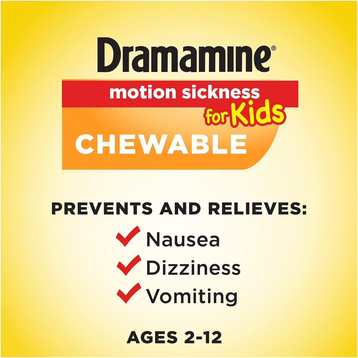 Dramamine Kids 8 tablet blister pack showing dosing for ages 2 to 12.