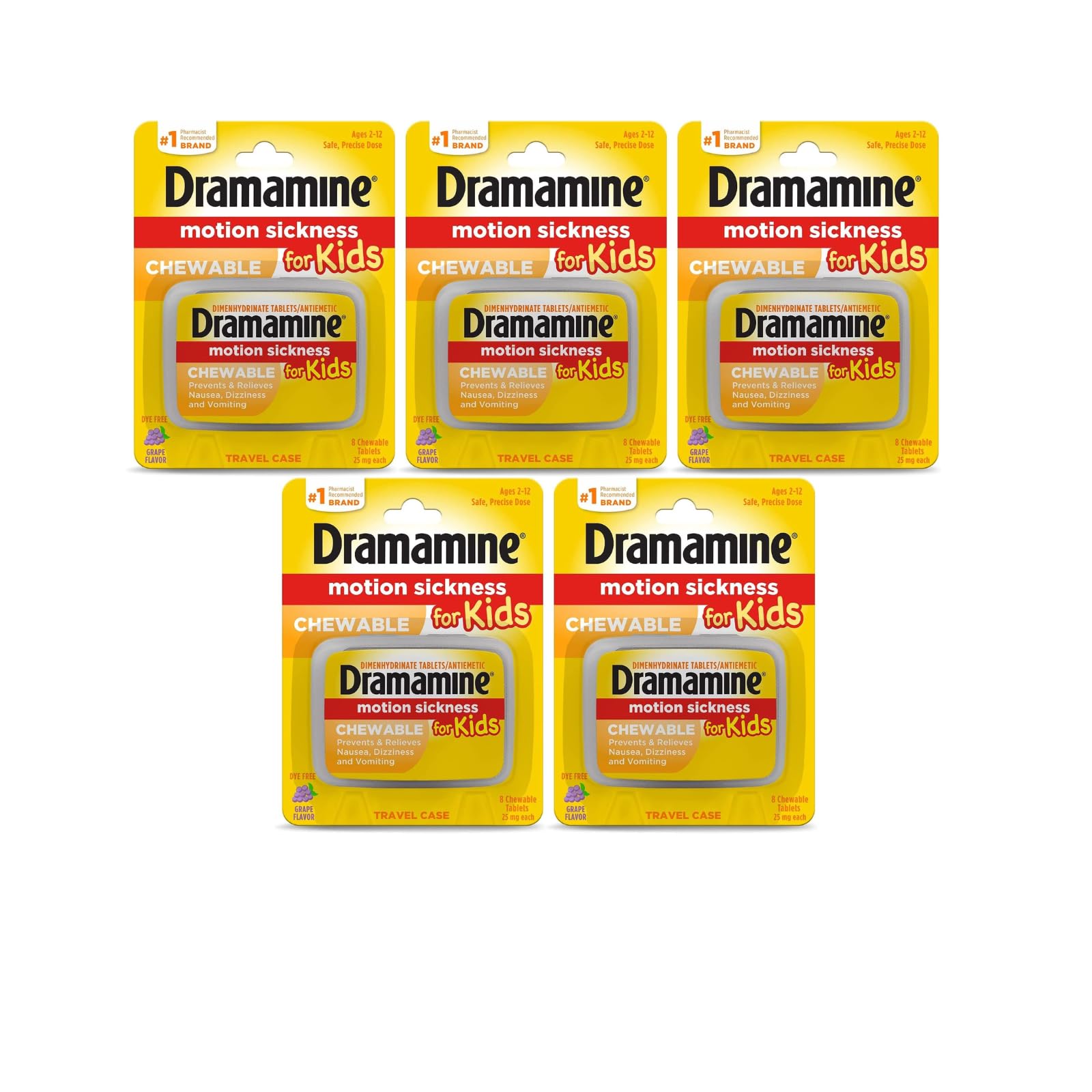 Dramamine Kids chewables grape tablet for quick travel relief.