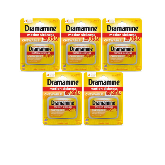 Dramamine Kids chewables grape tablet for quick travel relief.
