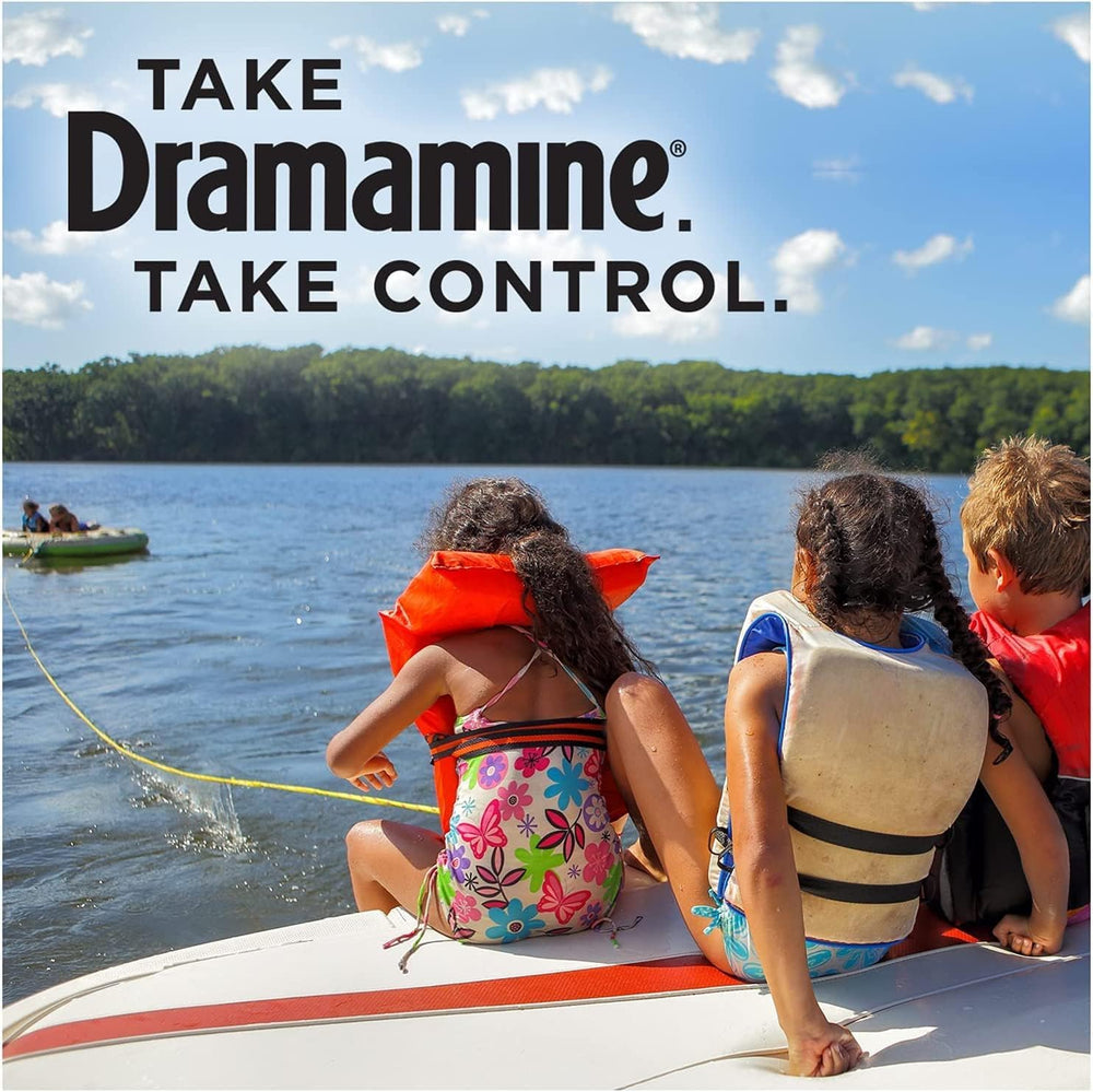 Dramamine Kids dosing instructions graphic for age based guidance.