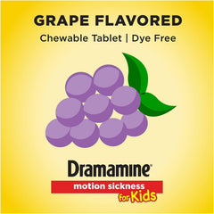 Dramamine Kids dye-free tablet highlighted as gentle option.