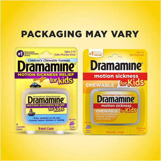 Dramamine Kids grape chewable tablet close up for kid friendly relief.