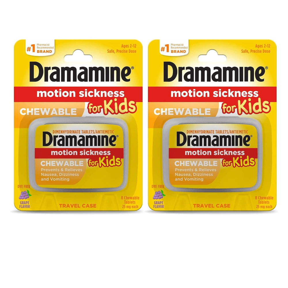 Dramamine Kids grape chewables packaging ready for travel and quick relief.
