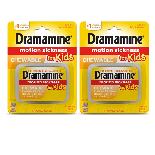 Dramamine Kids grape chewables packaging ready for travel and quick relief.