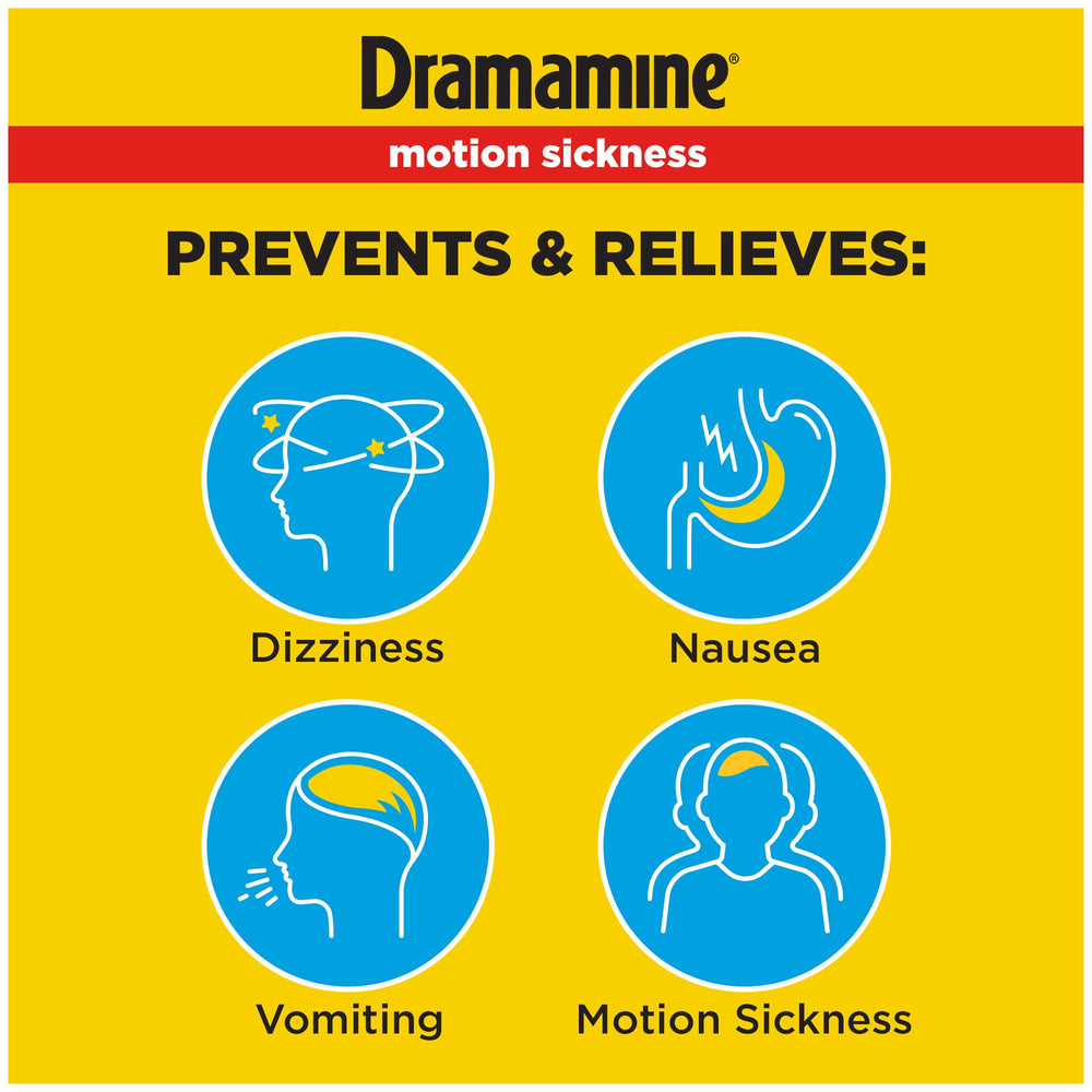 Dramamine Motion Sickness Original tablets close-up showing fast relief.
