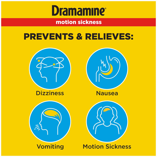 Dramamine Motion Sickness Original tablets close-up showing fast relief.