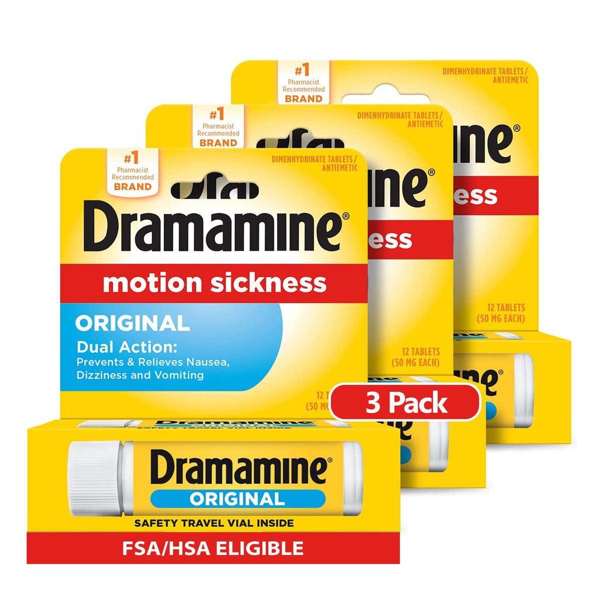 Dramamine Motion Sickness Original travel vial pack for on-the-go relief.