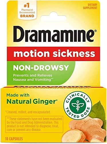 Dramamine Non-Drowsy Naturals ginger capsules for travel-friendly digestive balance.