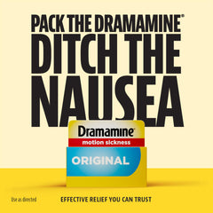 Dramamine pharmacist-recommended badge signals trusted motion sickness relief.
